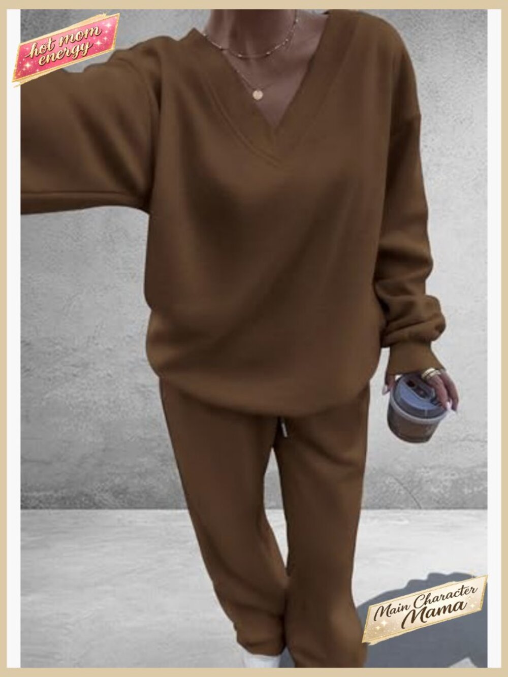 Oversized V-Neck Sweatsuit Set Loose Wide Leg Pants Knit Casual Lounge Wear - Picture 4 of 7